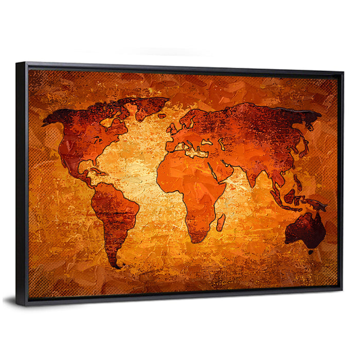 Glowing Orange World Map Wall Art as a framed canvas