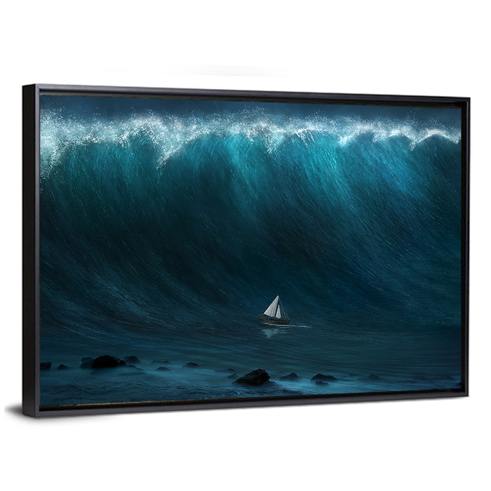 Sailboat Against Giant Wave Wall Art as a framed canvas