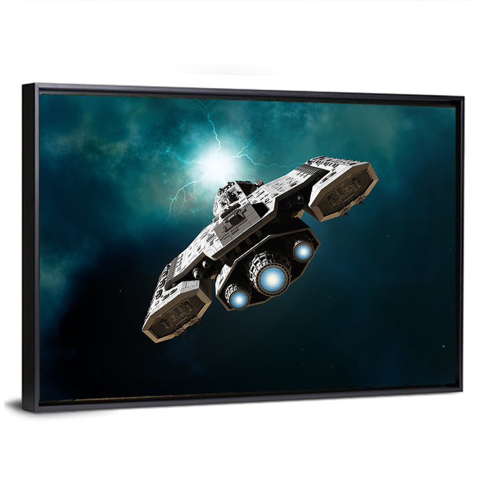 Low Angle Starship with Blue Thrusters Wall Art as a framed canvas