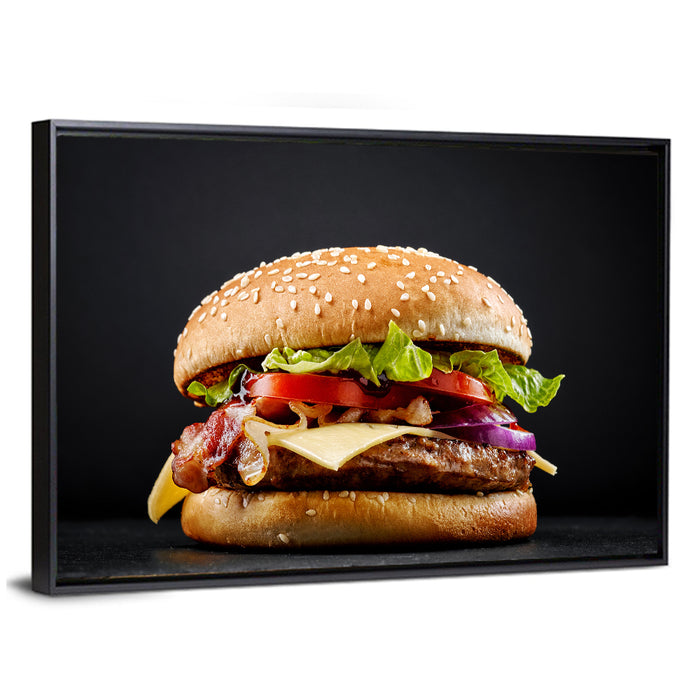 Cheeseburger with Bacon Wall Art as a framed canvas
