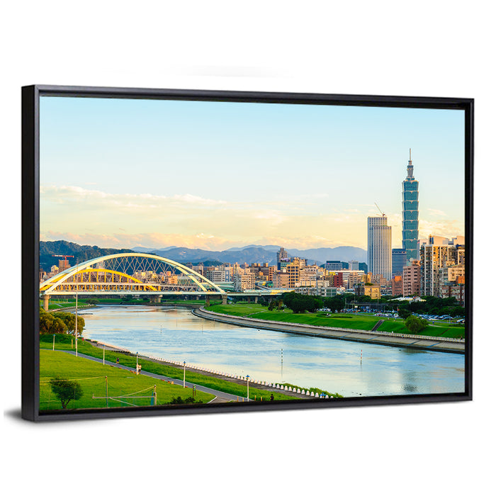 Taipei Skyline at Golden Hour Wall Art as a framed canvas