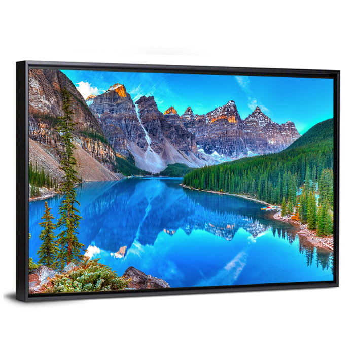 Moraine Lake Sunrise Reflection Wall Art as a framed canvas