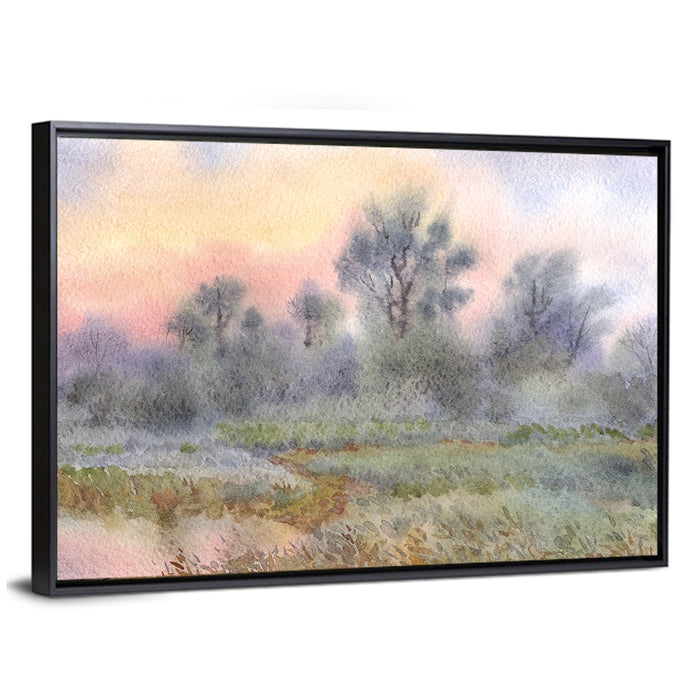 Morning Mist Over Meadow Wall Art as a framed canvas