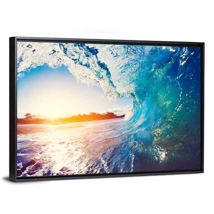 Blue Wave Tunnel at Sunrise Wall Art as a framed canvas