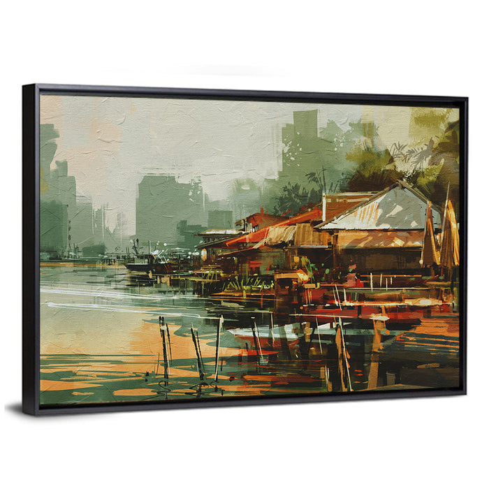 Old Fishing Village Watercolor Wall Art as a framed canvas