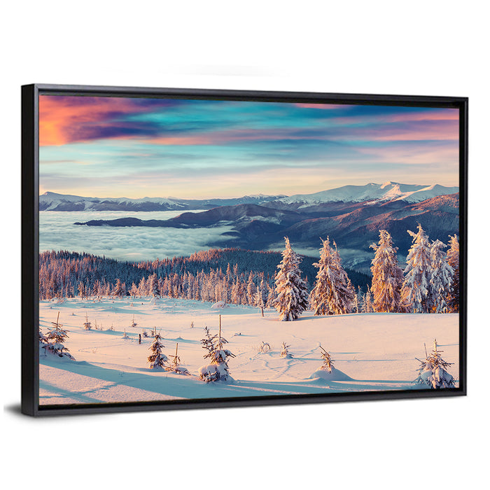 Snowy Alpine Sunset Wall Art as a framed canvas