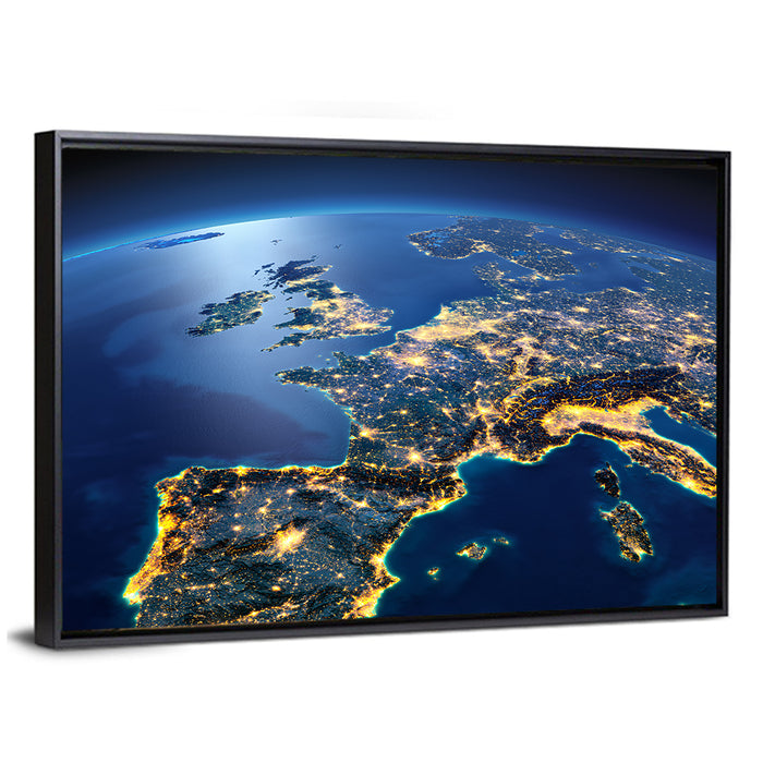 Night View of Earth Over Europe Wall Art as a framed canvas