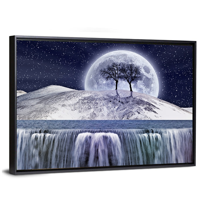 Moonlit Snowy Mountain Waterfall Wall Art as a framed canvas