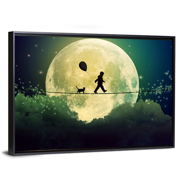 Happy Boy and Cat Under Moonlight Wall Art as a framed canvas