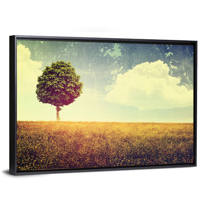 Vintage Field with Lone Tree Wall Art as a framed canvas
