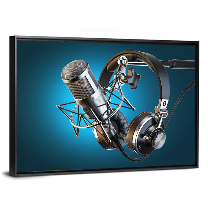 Condenser Microphone and Headphones Wall Art as a framed canvas