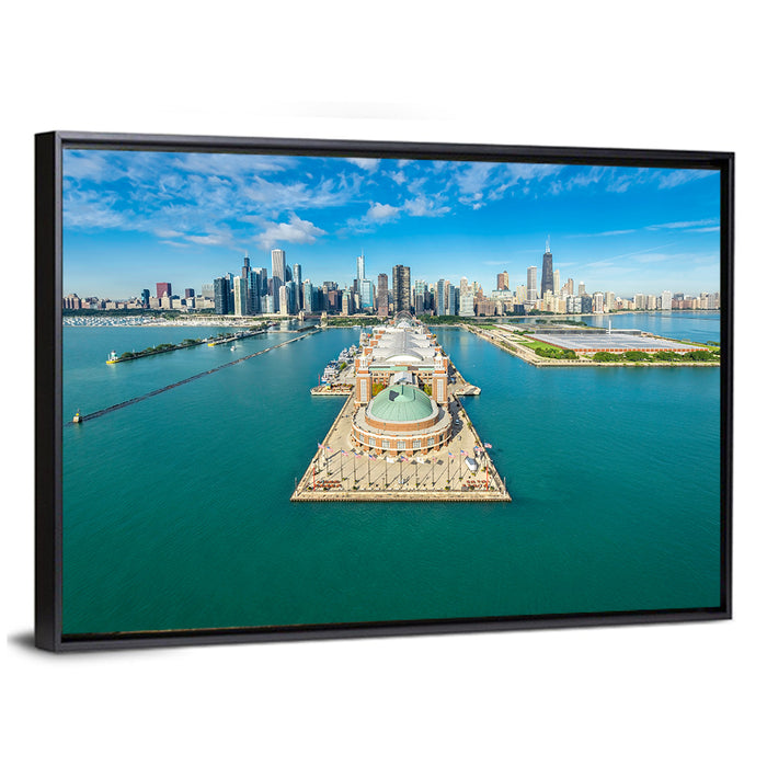 Chicago Navy Pier Aerial View Wall Art as a framed canvas