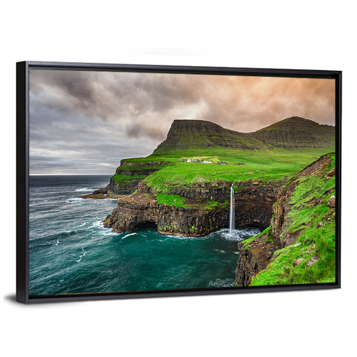 Gásadalur Múlafossur Waterfall Wall Art as a framed canvas