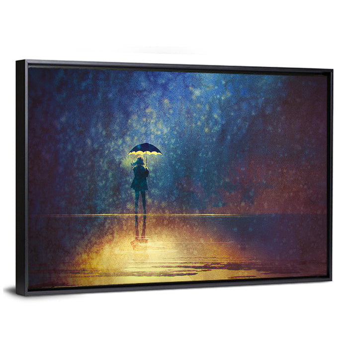 Woman Under Glowing Umbrella Wall Art as a framed canvas