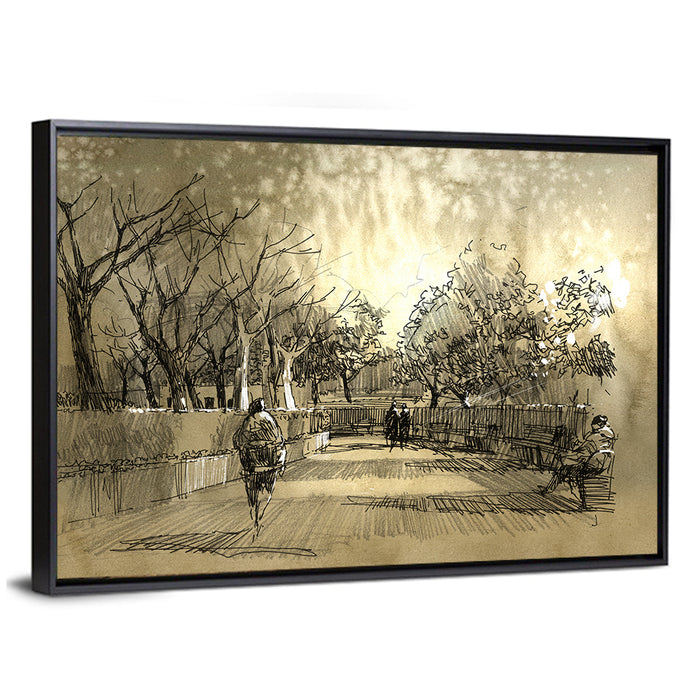 Late Afternoon Park Walkway Sketch Wall Art as a framed canvas
