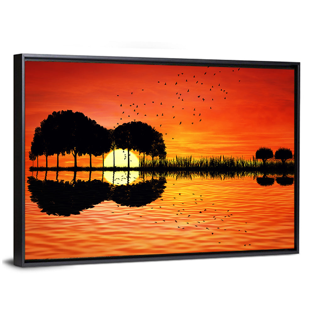 Sunset Trees and Lake Reflection Wall Art