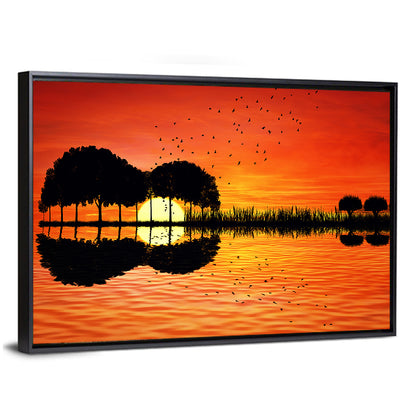 Trees Sunset On Lake Bank Wall Art