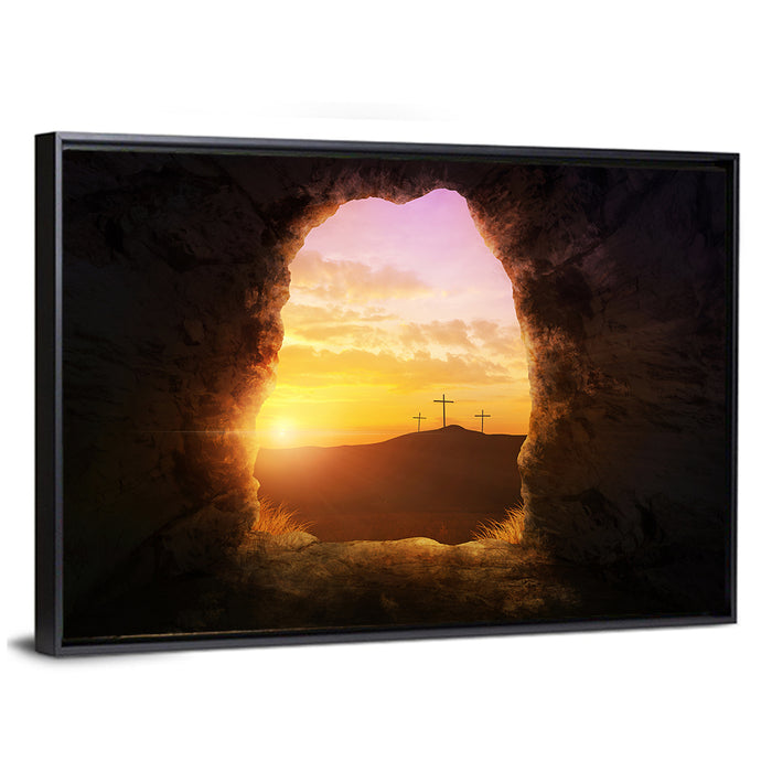 Empty Tomb with Three Crosses Wall Art as a framed canvas