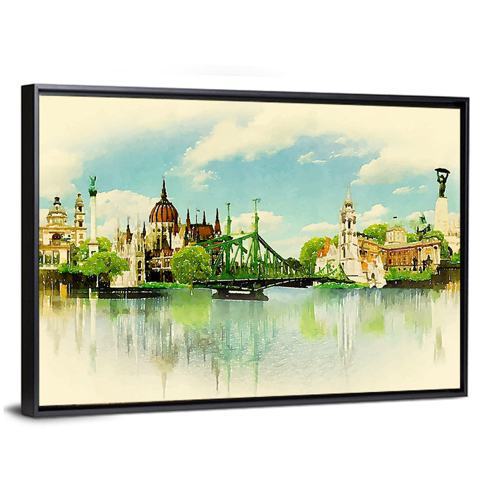 Budapest Riverfront Watercolor Wall Art as a framed canvas