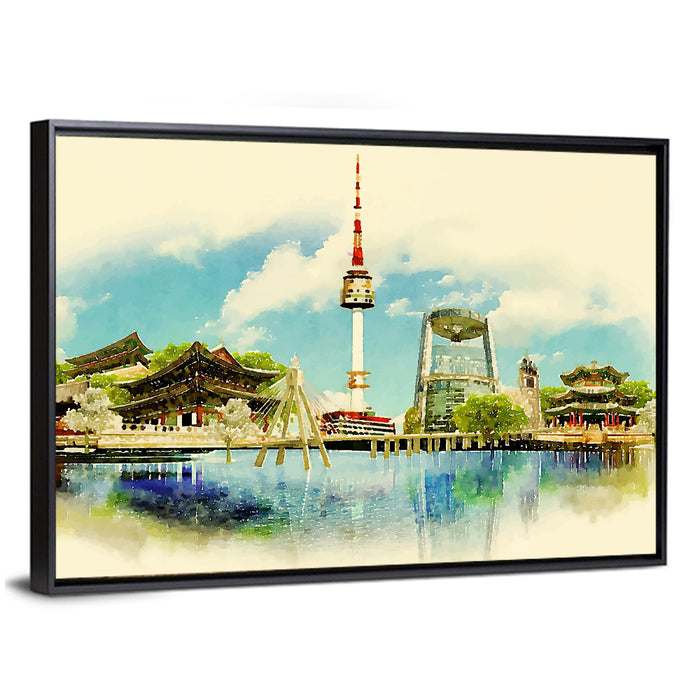 Seoul Skyline with N Seoul Tower Wall Art as a framed canvas