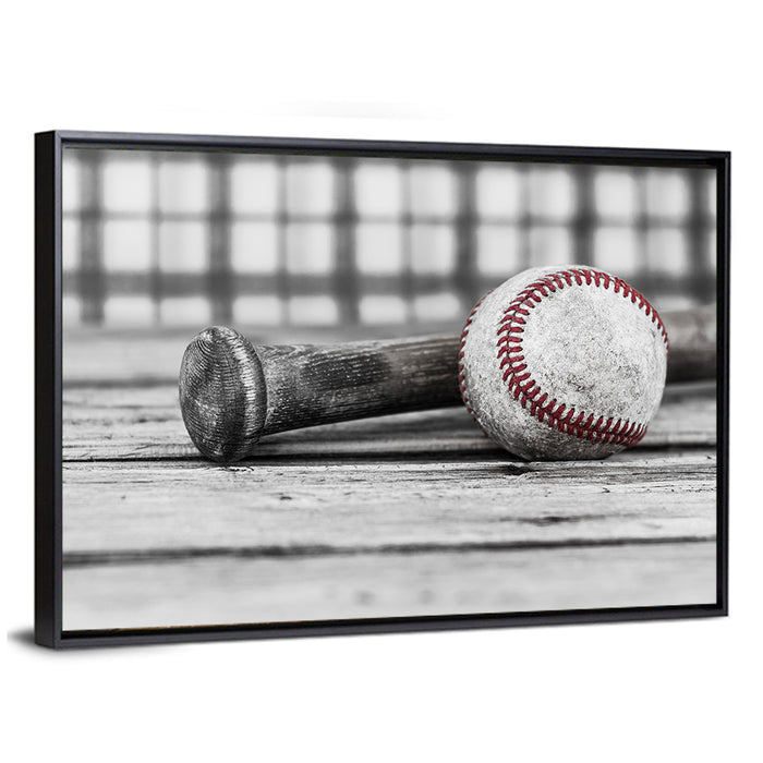 Worn Baseball and Bat on Wood Wall Art as a framed canvas