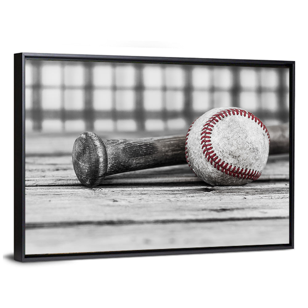 Baseball & Bat On Wood Surface Wall Art