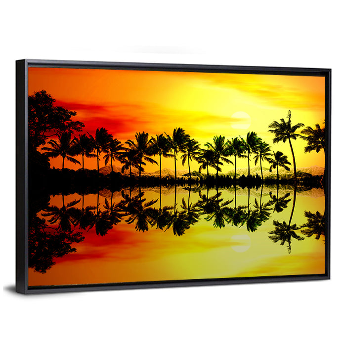 Tropical Palm Beach Sunset Wall Art as a framed canvas