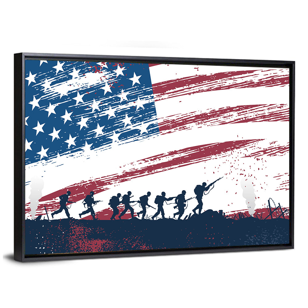 Silhouetted Soldiers with Distressed American Flag Wall Art