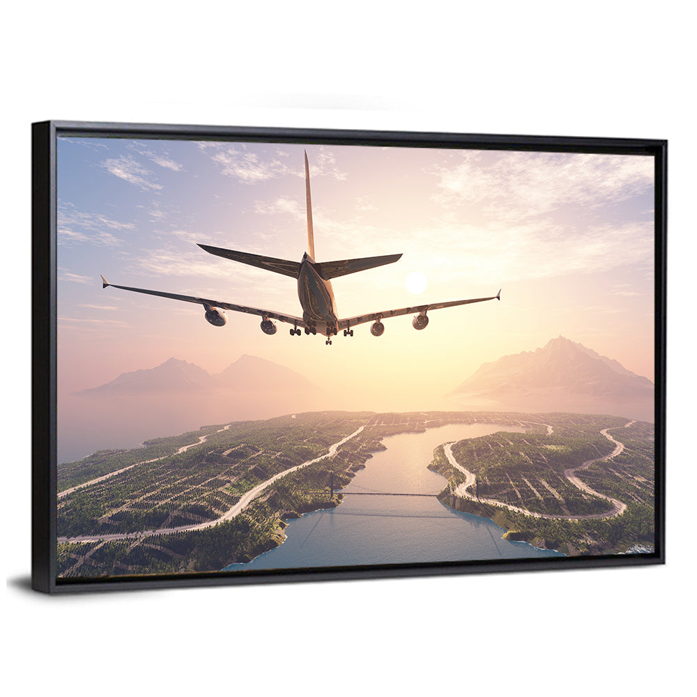 Airplane Over Island at Sunset Wall Art