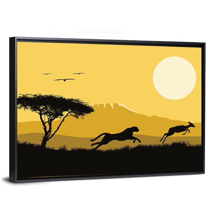 Savannah Sunset Silhouette Wall Art as a framed canvas