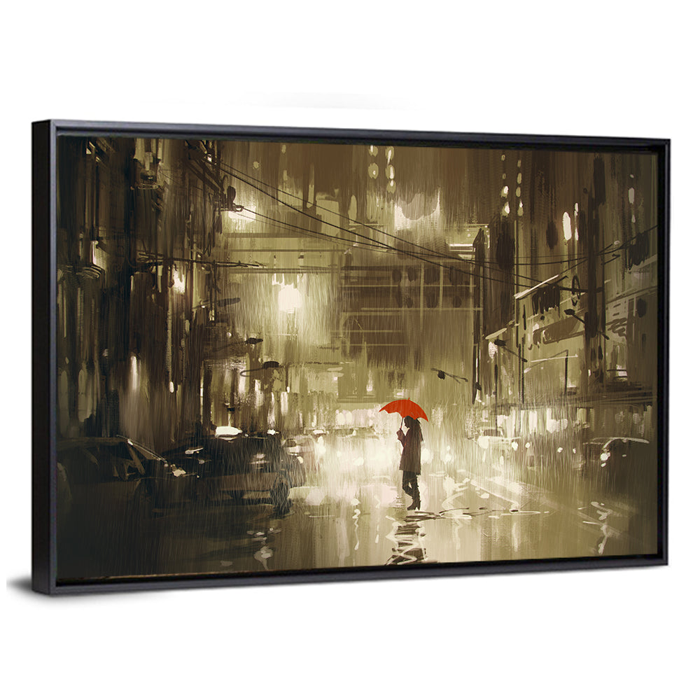 Red Umbrella on Rainy City Street Wall Art