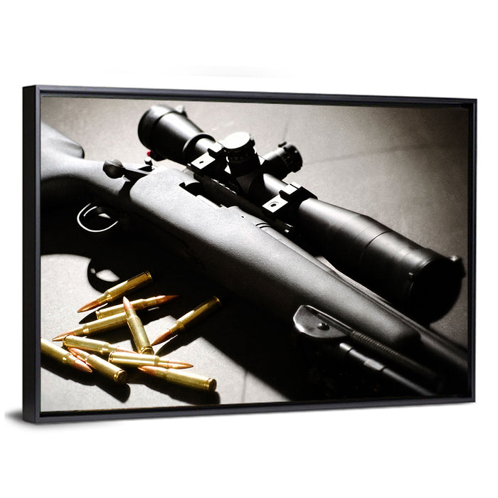 Bolt-action Sniper Rifle with Brass Cartridges Wall Art as a framed canvas