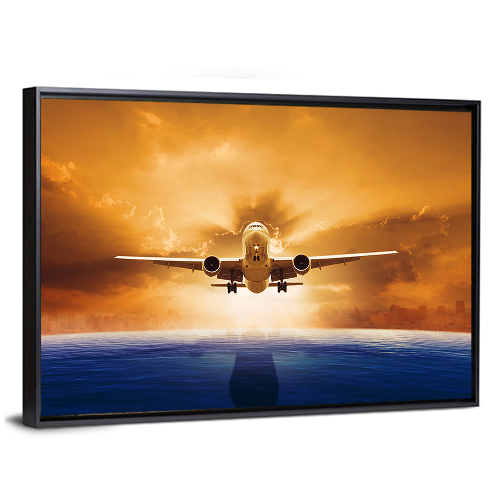 Landing Jet Over Ocean at Sunset Wall Art