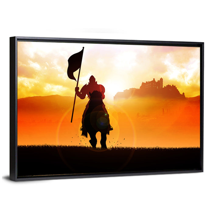 Knight Silhouette at Sunset Wall Art as a framed canvas