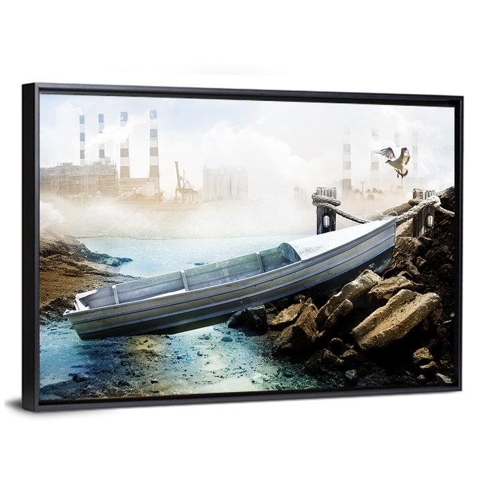 Aluminum Boat on Dry Lake Bed Wall Art as a framed canvas