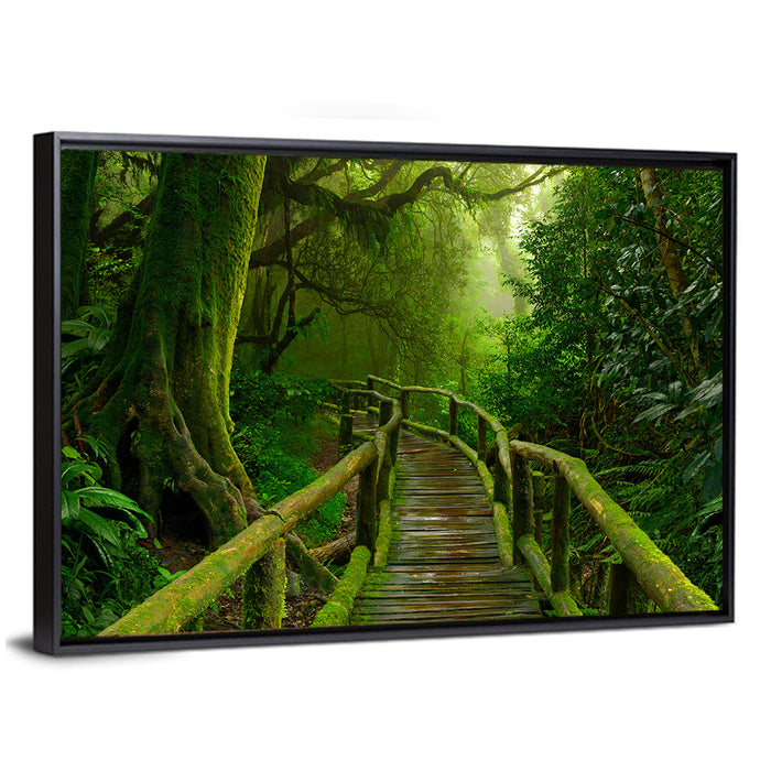 Misty Nepal Jungle Boardwalk Wall Art as a framed canvas