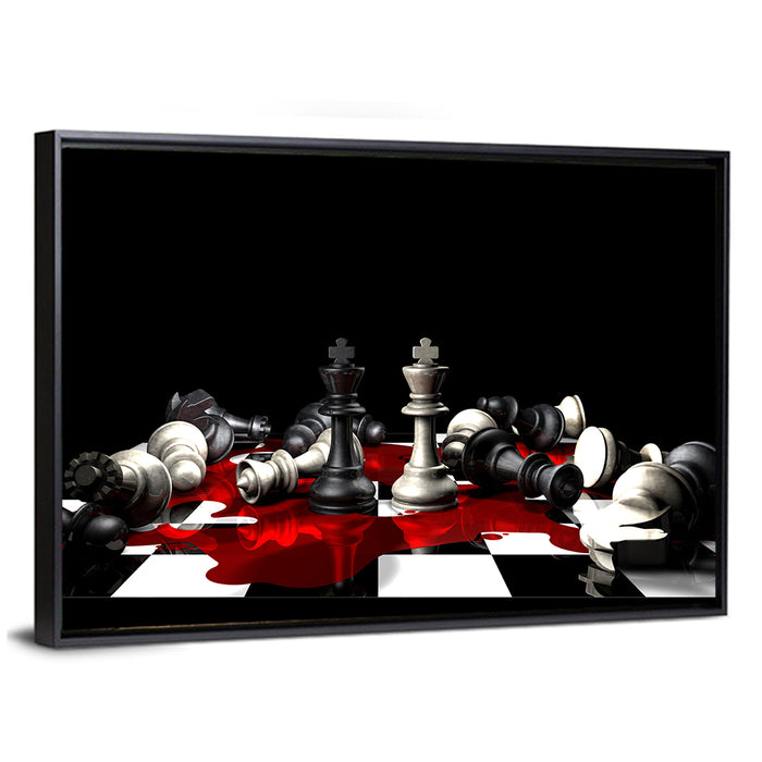 Two Kings on Black Chessboard Wall Art as a framed canvas
