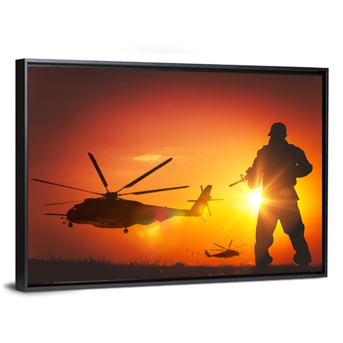 Soldier Silhouette at Sunset Wall Art as a framed canvas