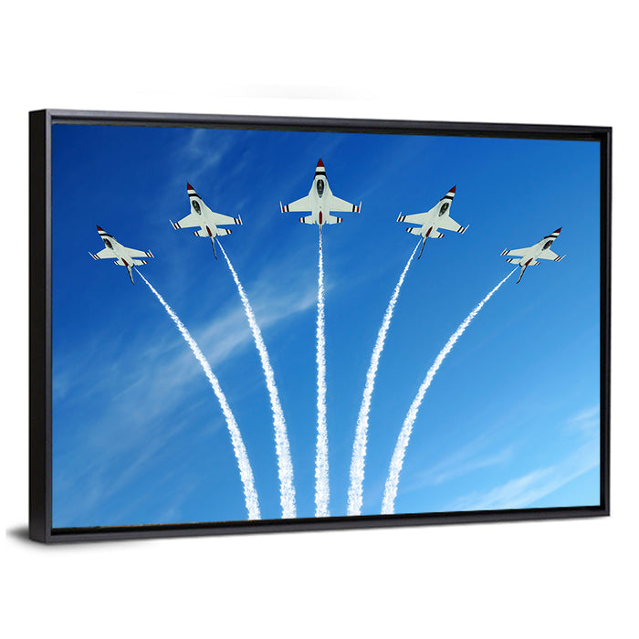 Five Fighter Jets Aerobatic Formation Wall Art as a framed canvas