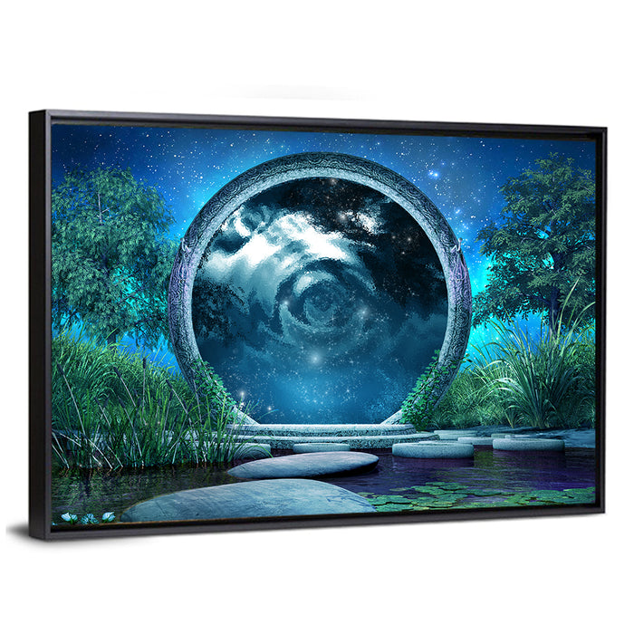 Stone Portal on Moonlit Lake Wall Art as a framed canvas