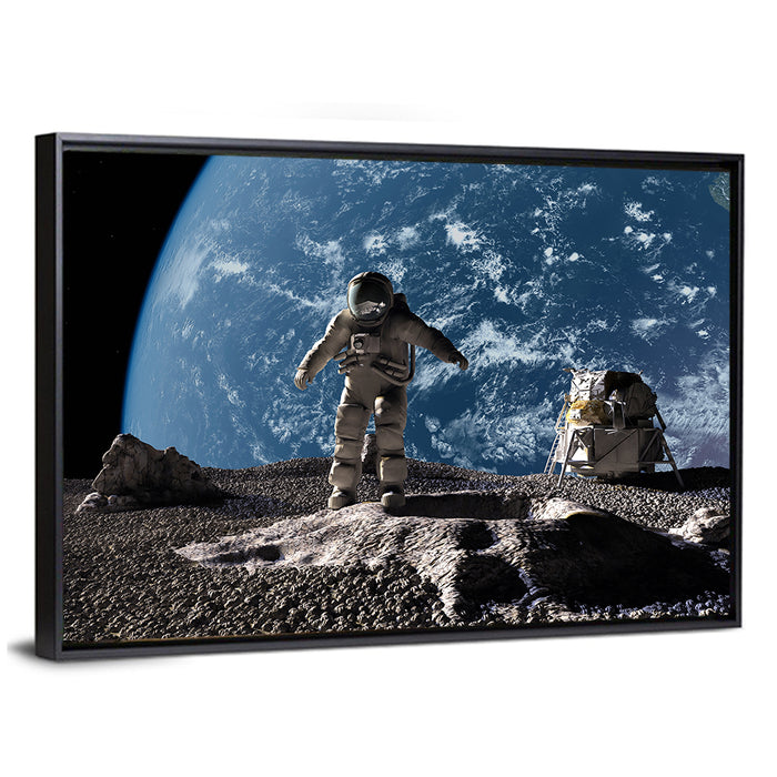 Astronaut on Cratered Planet Wall Art as a framed canvas