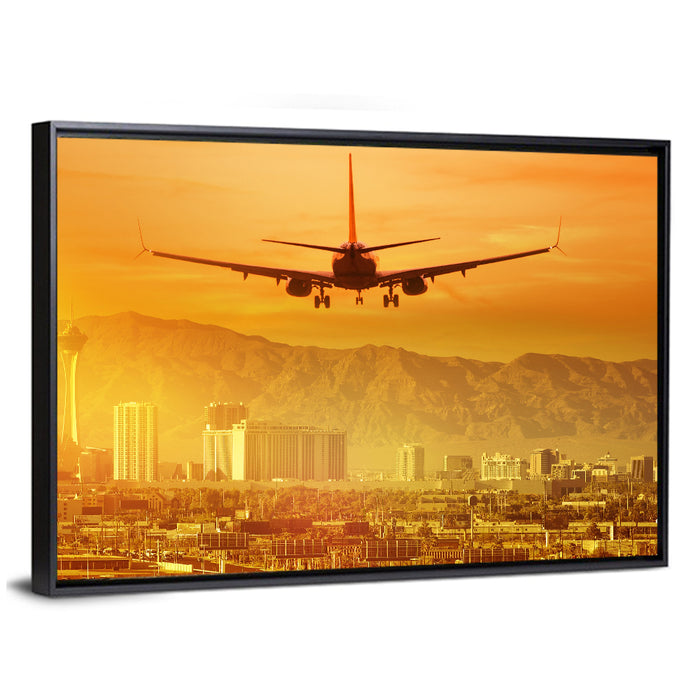 Las Vegas Sunset Plane Landing Wall Art as a framed canvas