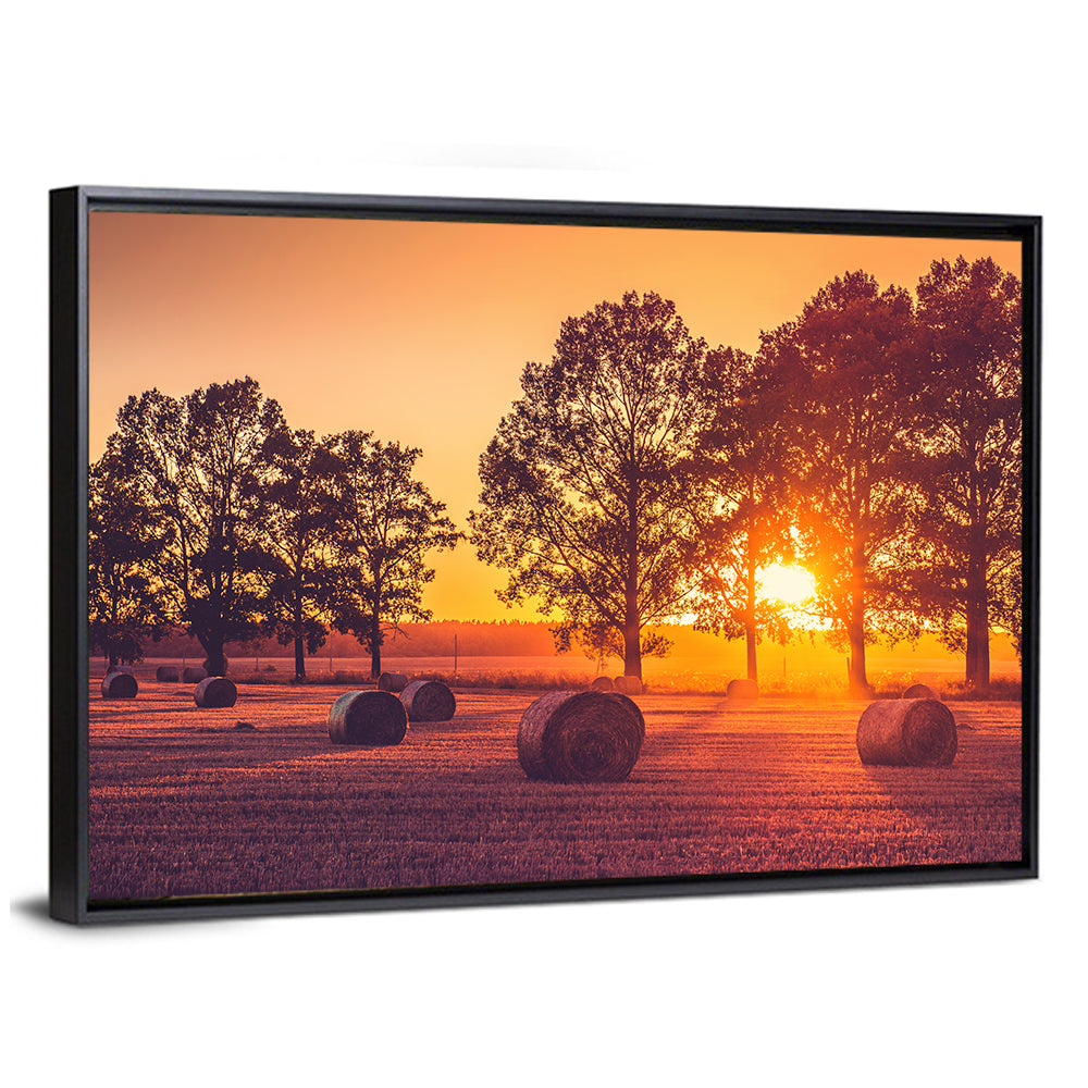 Sunset Over Hay Bales Wall Art