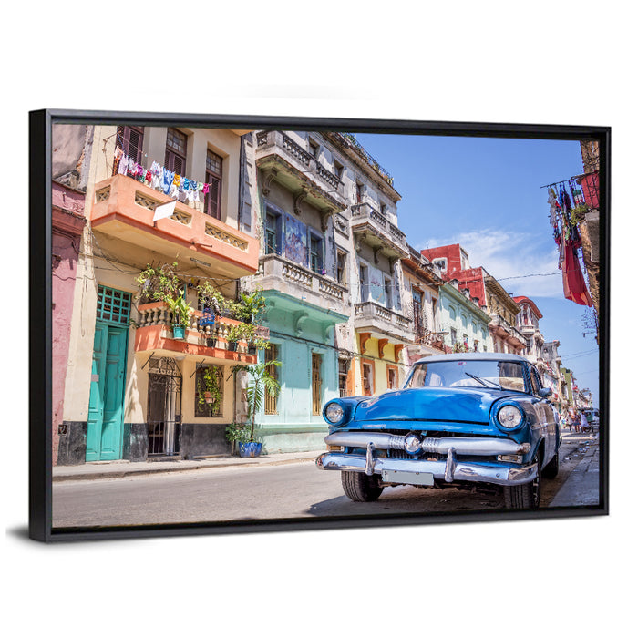 Vintage American Car on Colorful Street Wall Art as a framed canvas