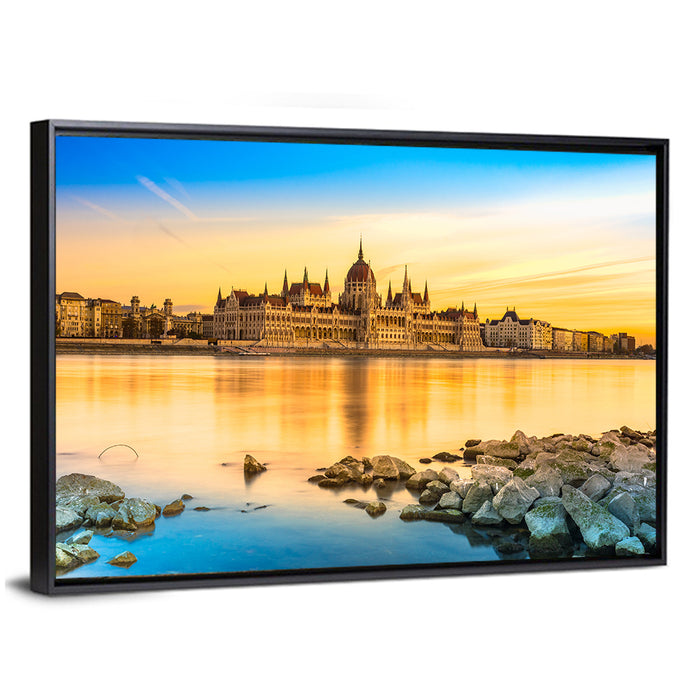 Budapest Parliament at Golden Hour Wall Art as a framed canvas