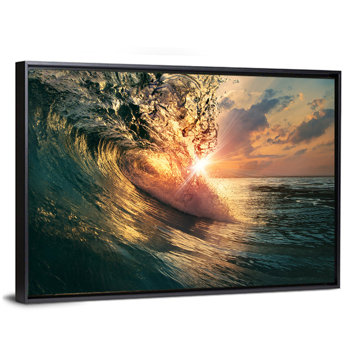 Sun Through Breaking Wave Wall Art as a framed canvas