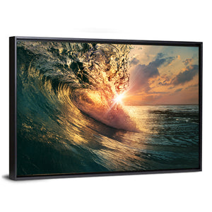 Ocean Wave Falling At Sunset Time Wall Art