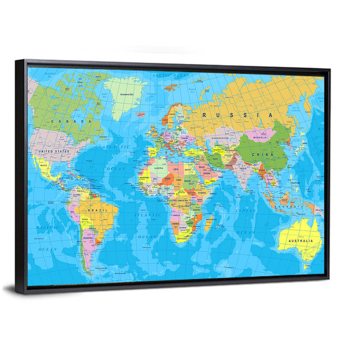 Colorful Mercator World Map Wall Art as a framed canvas