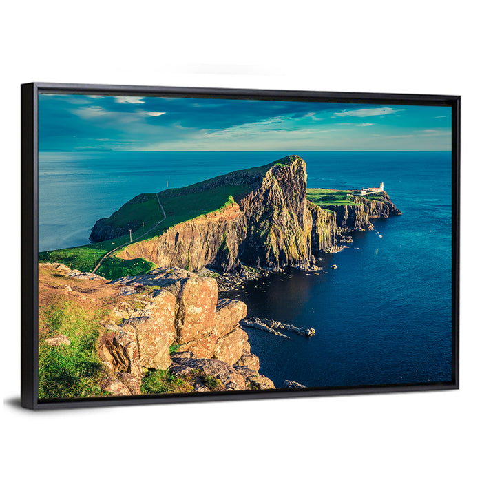 Neist Point Lighthouse Sunset Wall Art as a framed canvas