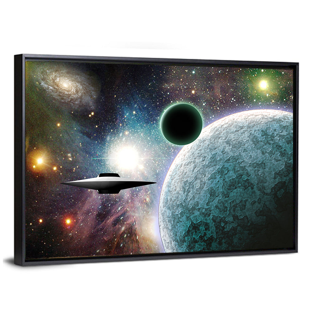 Saucer Near Cratered Planet Wall Art